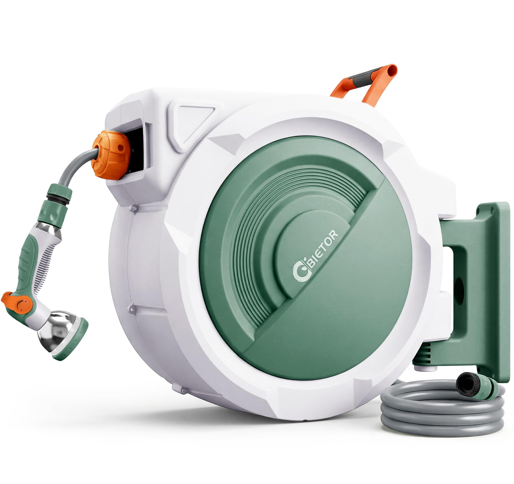 Bietor Retractable Garden Hose Reel, 1/2“ x 45m+2m Upgraded UV Resistant Heavy Duty Wall Mounted Hose Reel with 10 Patterns Nozzle, Any Length Lock, Slow Return System, 180°Swivel Bracket