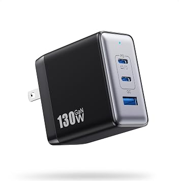130W USB C Charger Block,3-Port GaN Fast Charger,Compact Foldable Type C Fast Charging Wall Charger,PD QC 65W USB C Laptop Charger for MacBook Pro/Air,iPad Pro,iPhone 17/16/15/14,Galaxy,Dell XPS etc