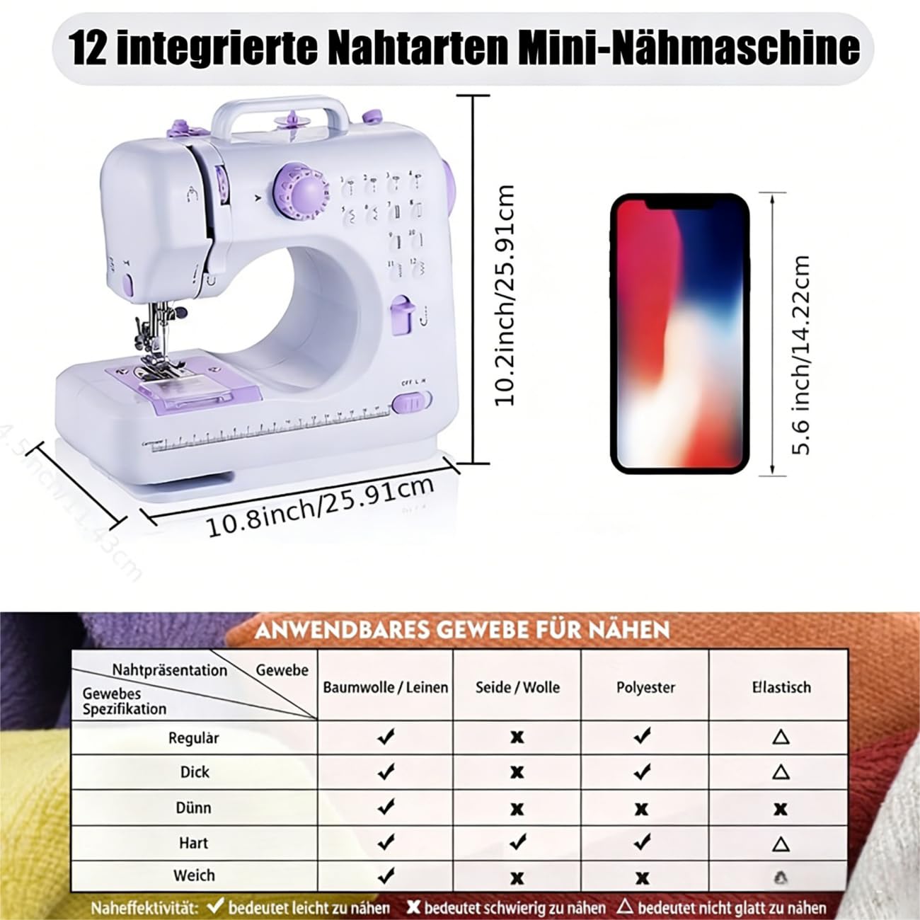 Machine à coudre électrique pour débutants, avec 12 motifs de points, 42 accessoires, facile à transporter, pour le bricolage et le travail manuel, pour enfants et adultes