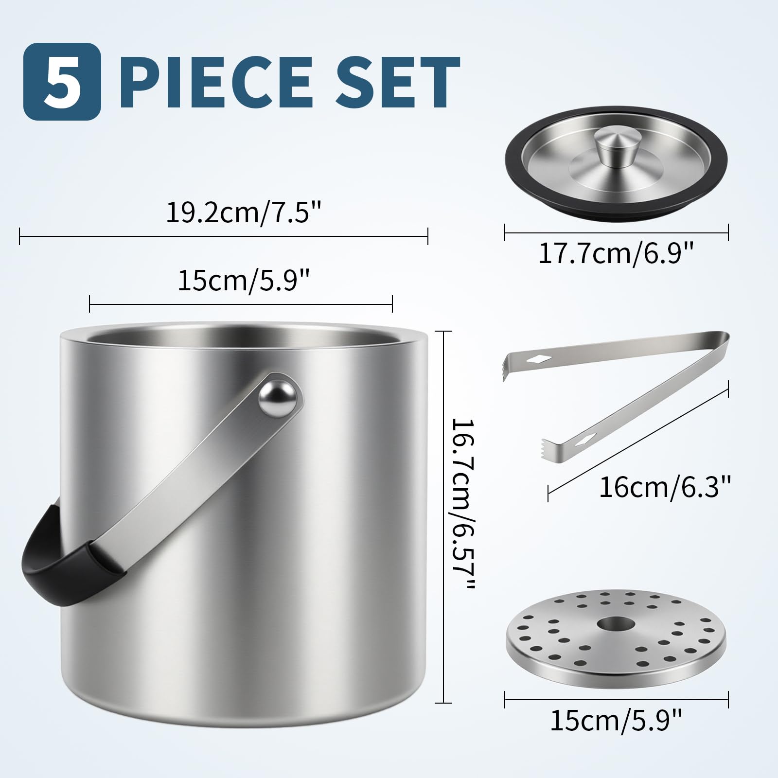 Eiswürfelbehälter Edelstahl, Eiskübel mit Deckel, Eisbehälter für Eiswürfel Eiskübel mit Clips, Sieb und Schaufel, Perfekt zum Abkühlen von Getränken, Ice Cube Tray, Bier, Sektkühler (3L)