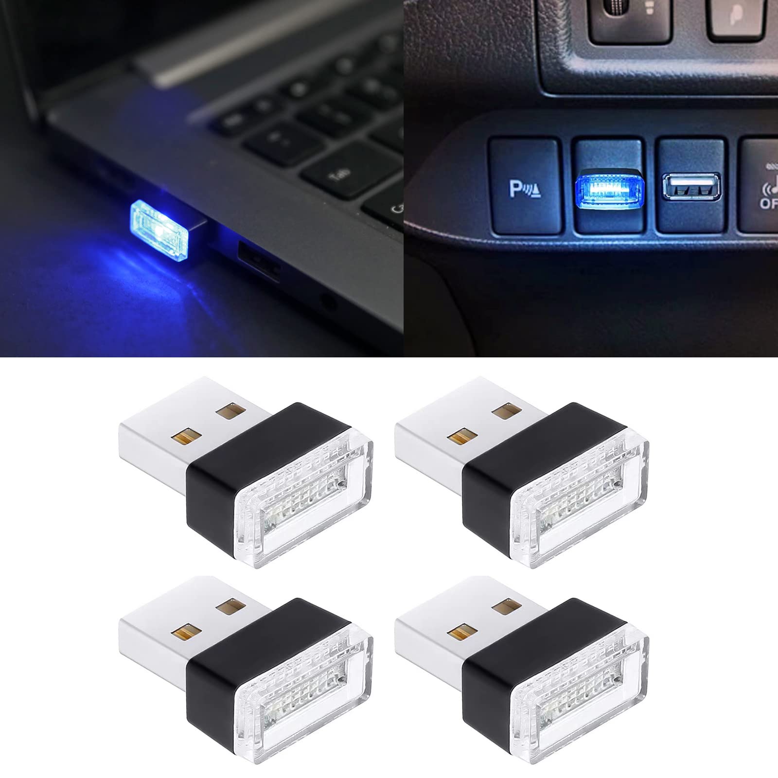 4 PCS Car Interior Atmosphere Lamp,Mini USB Car Light LED Light Car Interior Lights,Universal LED Atmosphere Lights Decorative Lights,USB Ambient Lighting Kit (4 Blue)