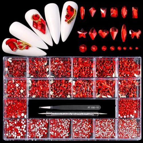 Yzzseven 12 Types of 600 Red Diamonds + 2500 Flat Rhinestones Mix 20 Styles Flatback DIY Crafts Rhinestone Crystals 3D Ornaments Flat Back Stones Set + Tweezers + Drill Pen