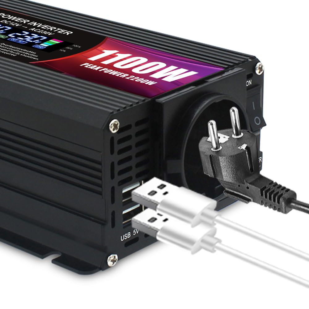 LVYUAN Inversor CC 12V a 220V 230V 1100W/ 2200W Convertidor de Corriente Transformador 2 Puertos USB/enchufes UE