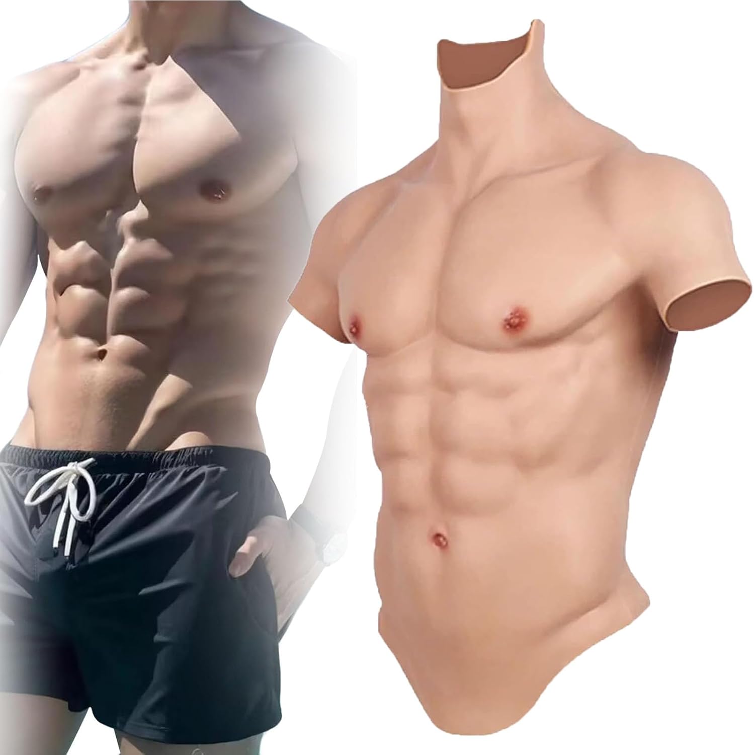 Men's Seamless Silicone Muscle Makeup Skin Realistic Muscle Costume High Collar Half Body Suit for Halloween Cosplay