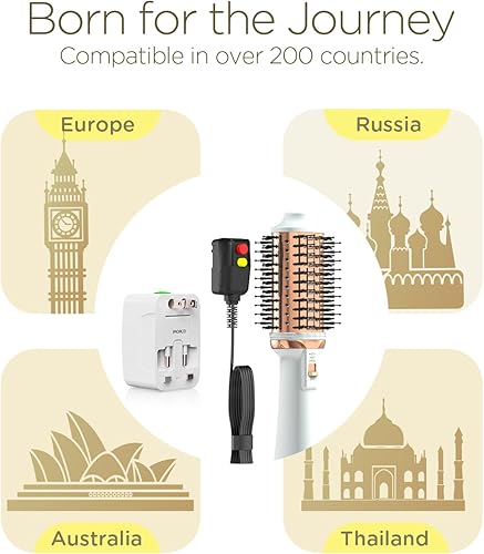 Miniatura 3 de Plavogue - Cepillo secador de doble voltaje para viajes europeos, cepillo de aire caliente 110V-240V con voluminizador, carga iónica negativa Oro