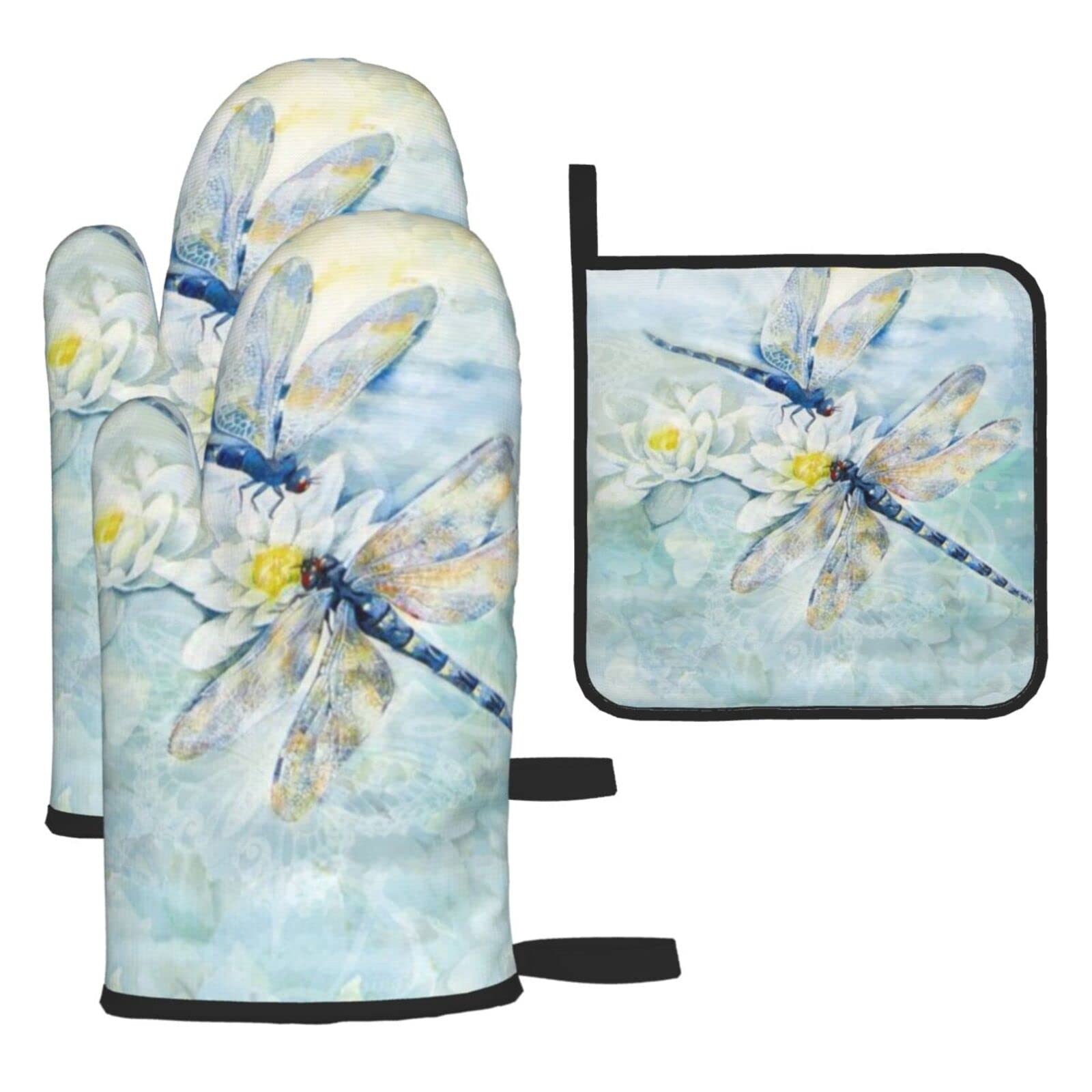 Dragonfly Lotus Printed Kitchen Baking Three-Piece Heat-Resistant Thick Cotton Oven Gloves for Cooking and Baking.