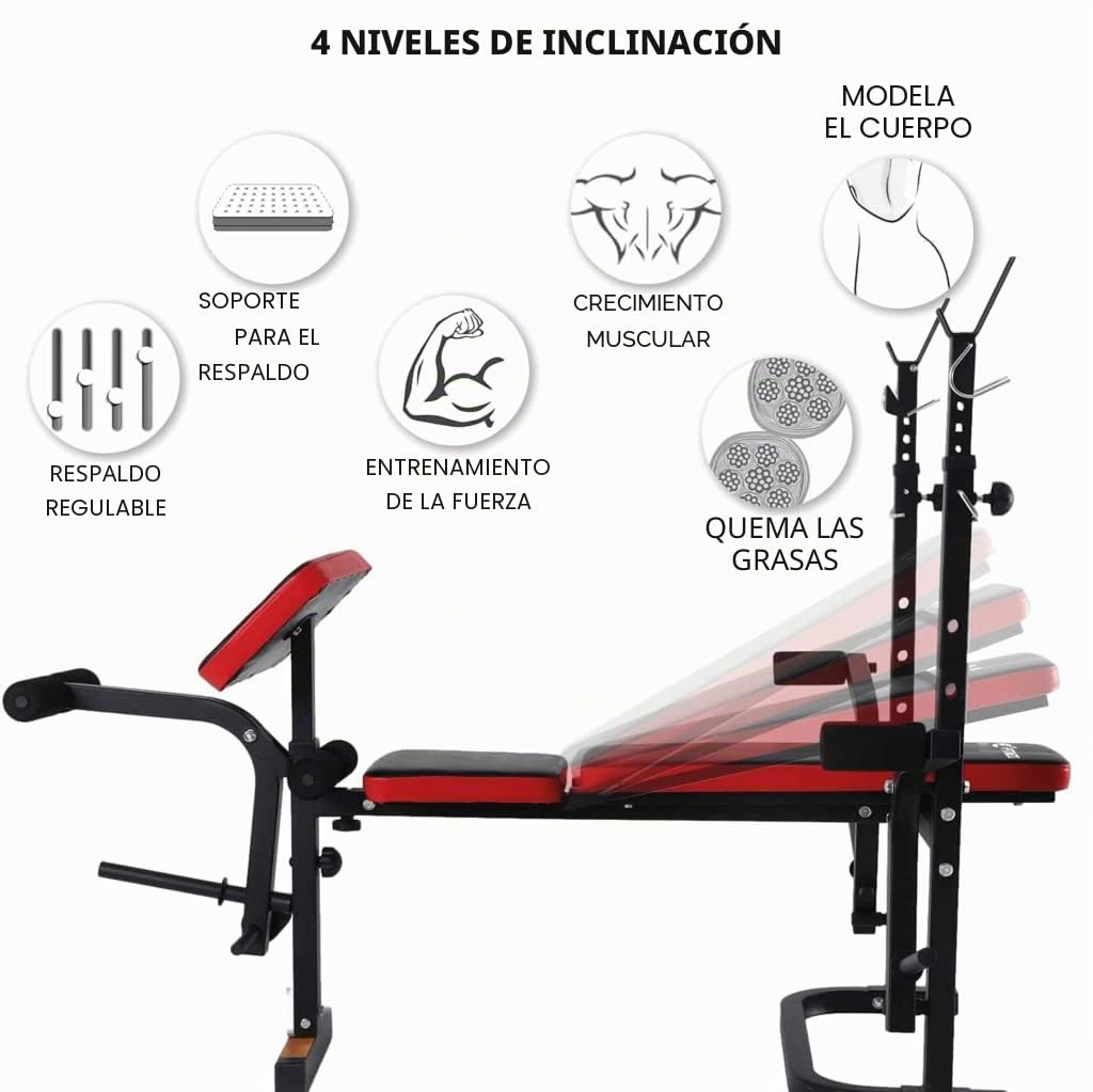 FFitness - Banco de pesas plegable - Multifunción - Ideal para entrenar - Banco de pesas para trabajar pectorales con soporte de barra y respaldo ajustable