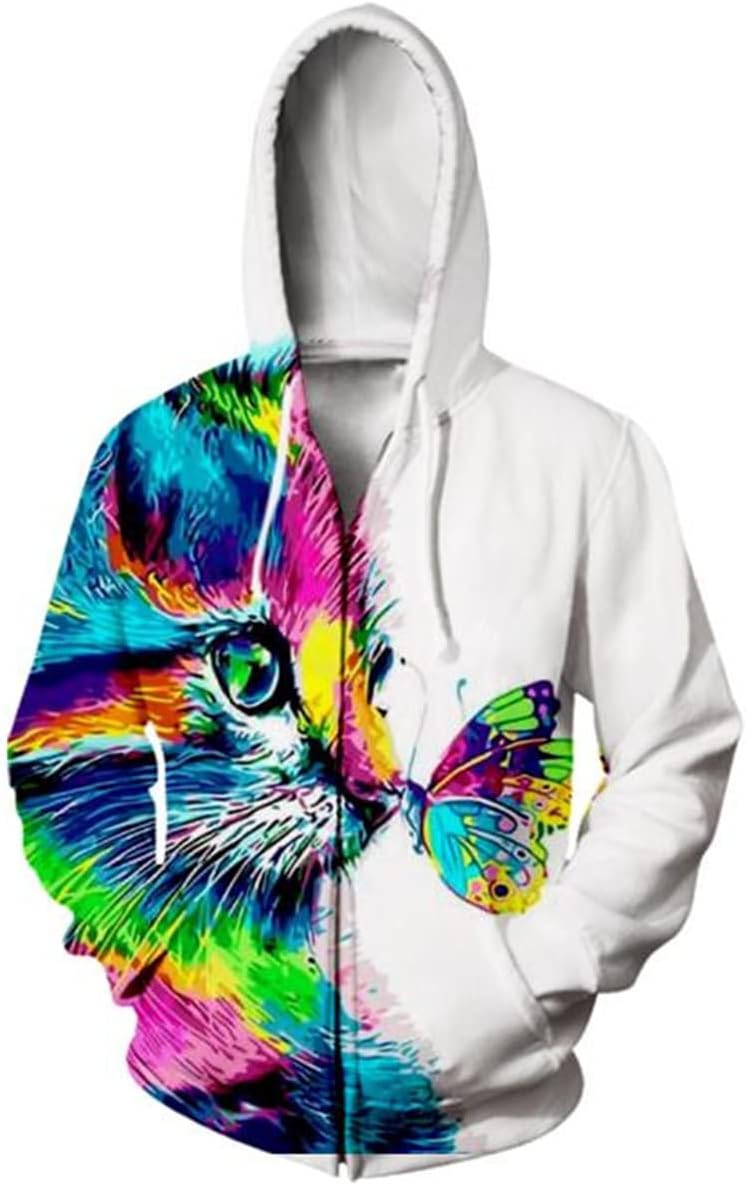 [SWEKISS] 猫 ジップアップパーカー 男女兼用 猫柄の服 長袖 3d プリント おおきいサイズ 面白い カジュアル ファッシ