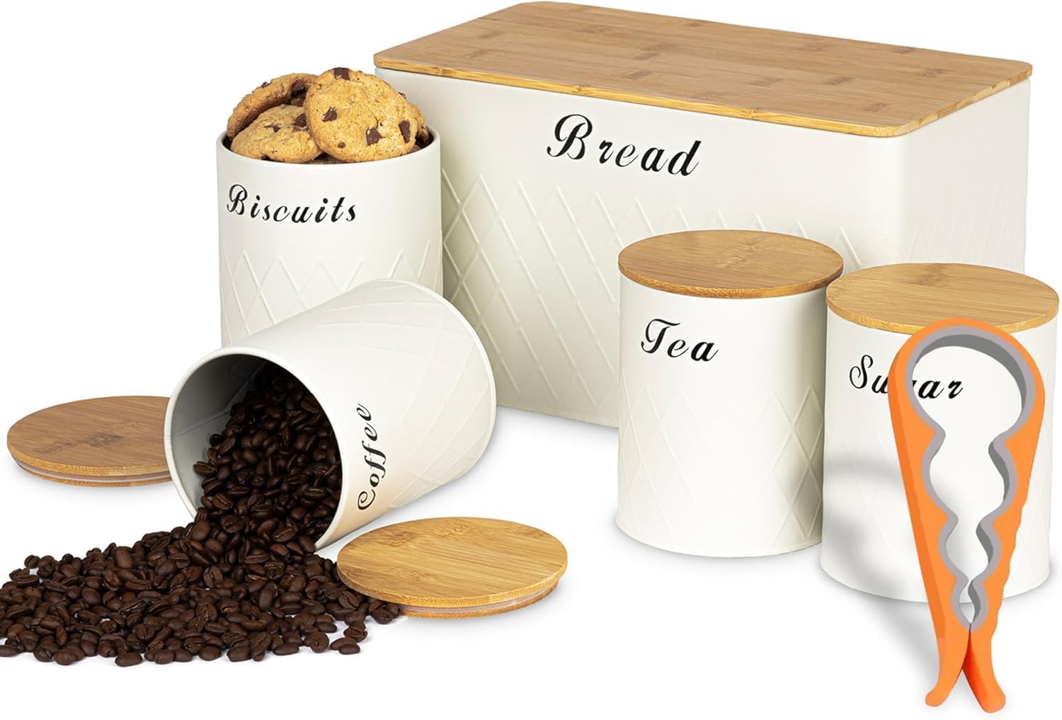 ATEK Bread Bin & Canister Set with Bamboo Airtight Lids 5 Piece