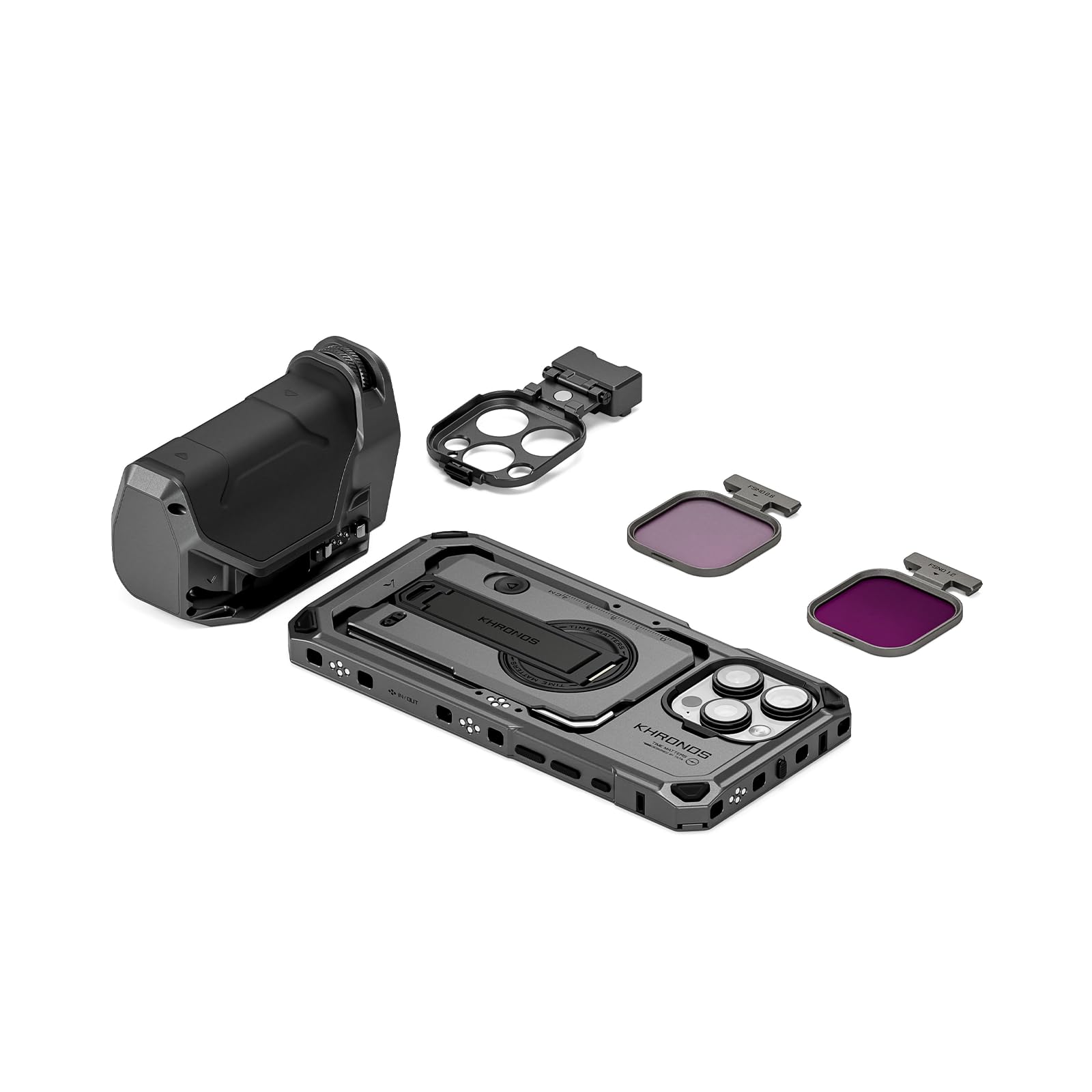 Tilta Khronos TK-IP16-PMA-SG Cage de téléphone compatible avec iPhone 16 Pro Max avec poignée Focus PD, plateau de filtre à dégagement rapide et kit portable de filtre FSND magnétique – Gris sidéral