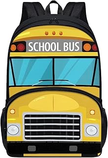 Allcute Funny School Bus Print Backpacks for Boys Girls Durable Soft Padded Back Lightweight School Bookbag Kids Student Campus Travel Large 17 Inch Cute Backpack with Front Pocket