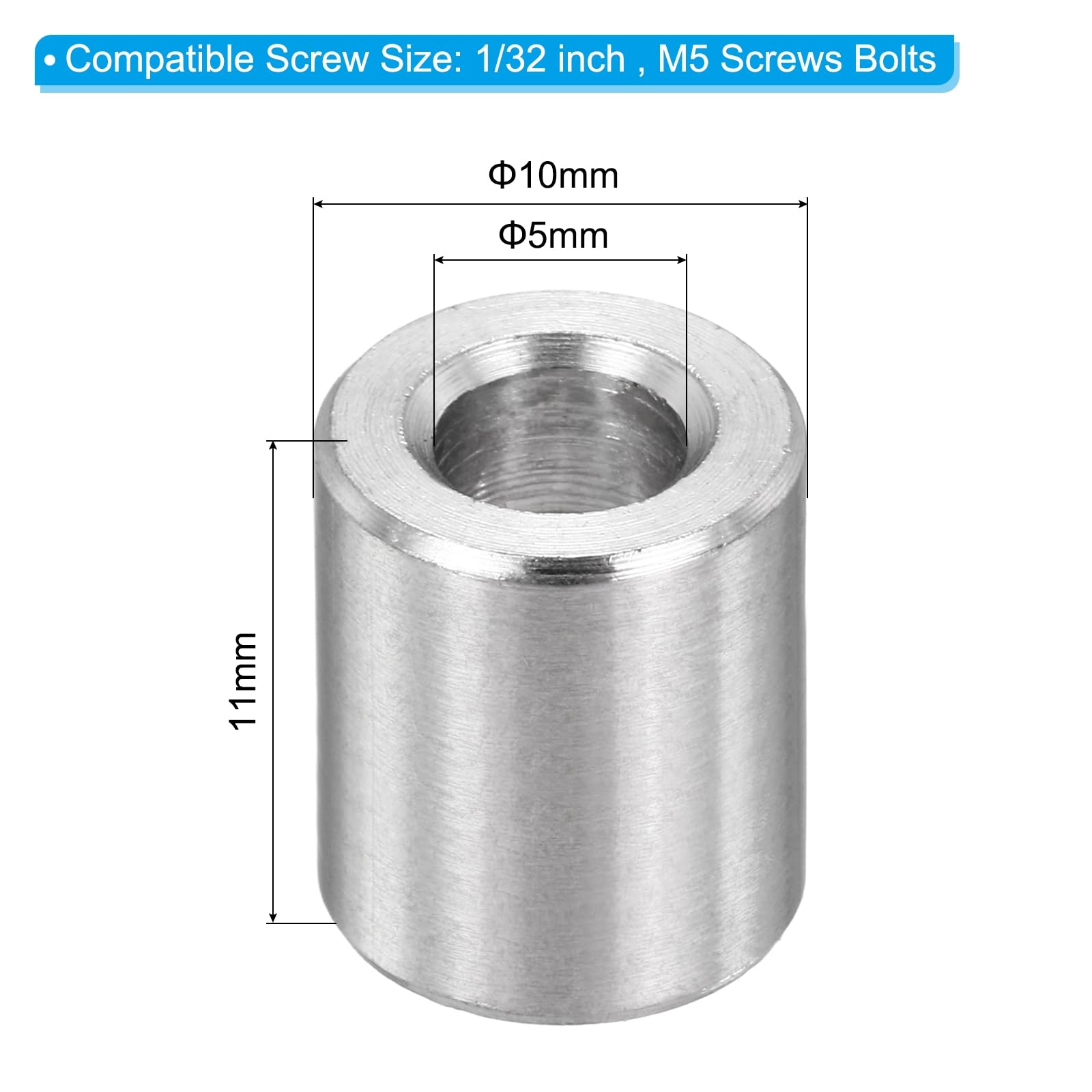 PATIKIL M5 Stainless Steel Spacers, 12Pcs Metal Spacer 5mm ID x 10mm OD x 11mm L Screw Standoff for 1/32" or M5 Screw - Image 2
