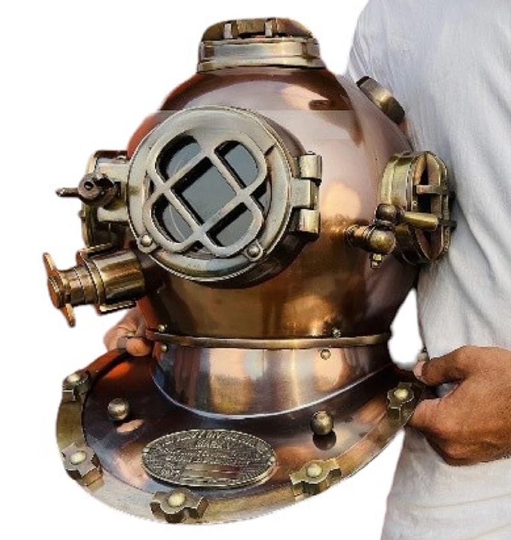 Casco de buceo | Casco de buceo Mark V de la Marina de EE. UU. | Casco de buceo profundo | Casco de buceo marino antiguo marrón sin base de madera