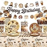 Coffee Birthday Decorations, Coffee Party Decoration, Plates Cups Napkins Tablecloth Happy Birthday Banner Balloon Cake Toppers for Coffee Themed Party Supplies, Serves 20