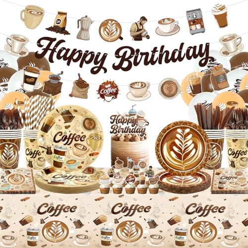 Coffee Birthday Decorations, Coffee Party Decoration, Plates Cups Napkins Tablecloth Happy Birthday Banner Balloon Cake Toppers for Coffee Themed Party Supplies, Serves 20