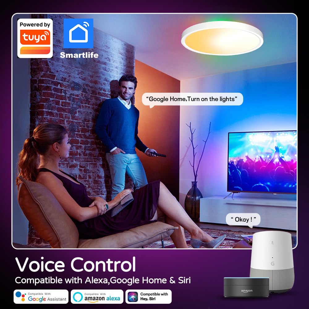 Lampada da Soffitto LED Intelligente 24W Dimmerabile, RGB+CCT 2700K-6500K, Compatibile Alexa/Google, IP54 Impermeabile, Timer, Modalità Musica, Luce Notturna per Casa