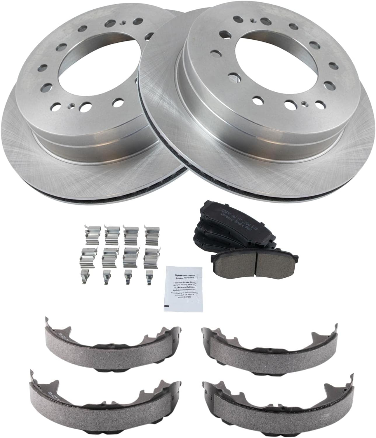 TRQ Rear Brake Pad & Rotor Kit Brake Pads Brake Rotor Parking Brake Shoe Set Ceramic Compatible with 2003-2009 Lexus GX470 Toyota 4Runner 2007-2009 FJ Cruiser 2001-2007 Sequoia