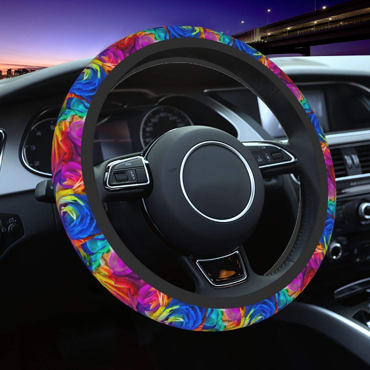 Delerain Rainbow Roses Steering Wheel Covers, Anti Slip Elasticity Car Accessories Steering Wheel Protector Universal 15 Inch for Women Man