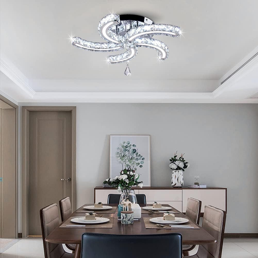 Modern Crystal Chandeliers Acrylic Crystal Led Ceiling Light Fixtures Arm Pendant Lighting Stainless Steel Ceiling Lamp Hanging Lights for Living Room Dining Room Bedroom (Cold White)