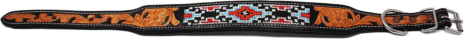 Small 13''- 17'' Hand Tooled Floral Padded Leather Beaded Dog Collar 60182