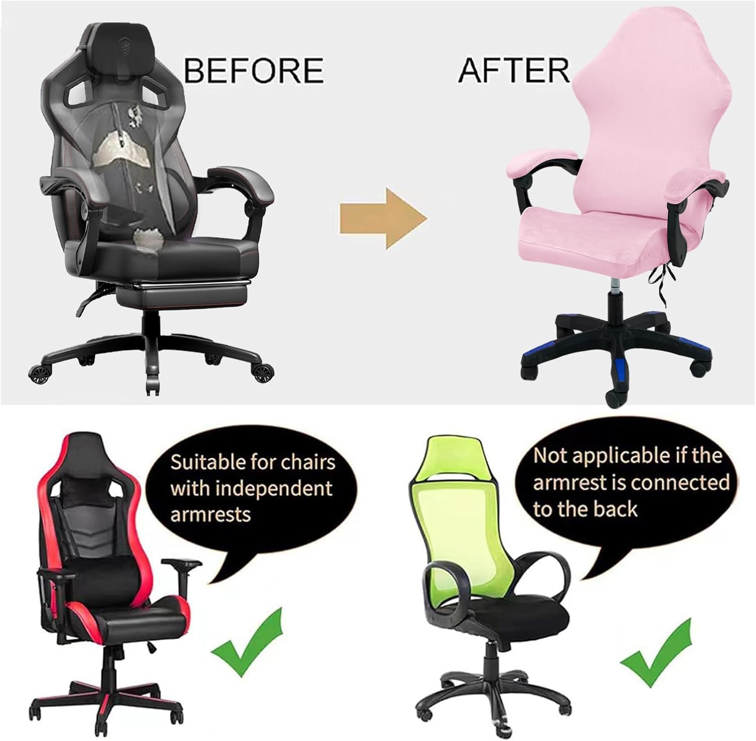 Gaming Chair Covers Slipcovers, Stretch Velvet Removable Washable Computer Reclining Chair Protector with Armrest Cover (Pink)