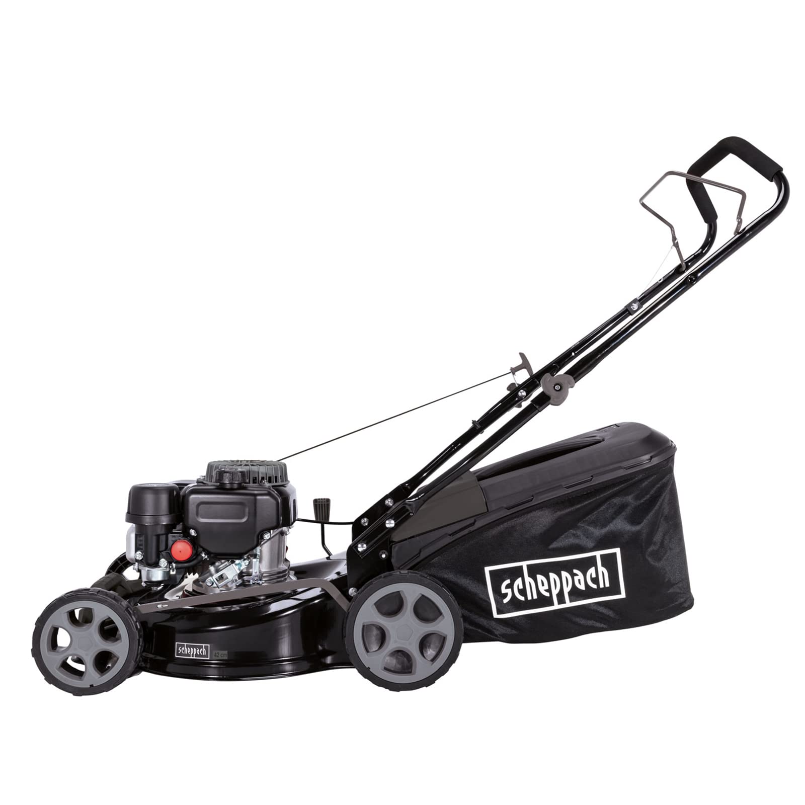 Scheppach Rasenmäher Benzin MP135-42B Black Edition | 42cm Schnittbreitte | 3 PS | Stahlgehäuse | Höhenverstellung in 7 Stufen (25 - 75mm) | 55 Liter Fangkorb