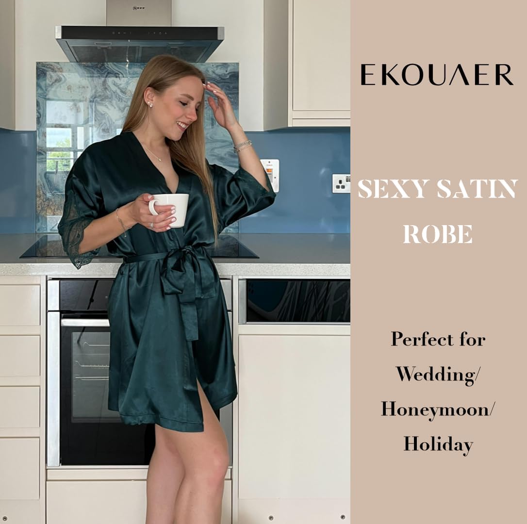 Ekouaer Women's Satin Robes Sexy Lace Cami Nightwear Silk Bridesmaid Lingerie Kimono 3/4 Sleeve Sleepwear - Image 2
