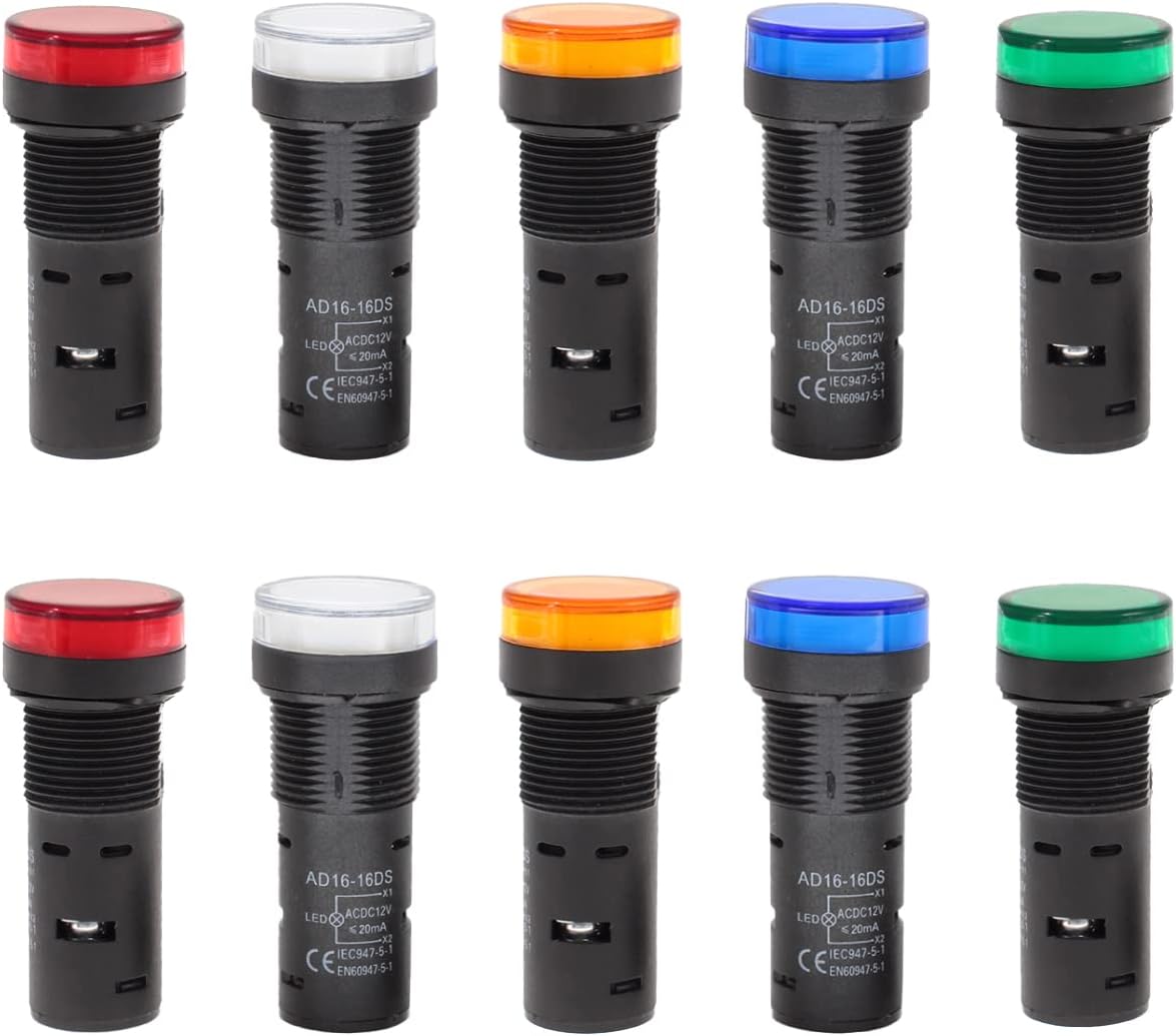 20mA 16mm Energy Saving LED Indicator Lights -2 Blue, 2 White, 2 Yellow, 2 Green and 2 Red Bulbs for Industrial Equipment and Mount Panels in Operating Rooms and Distribution Boxes, 12V AC/DC