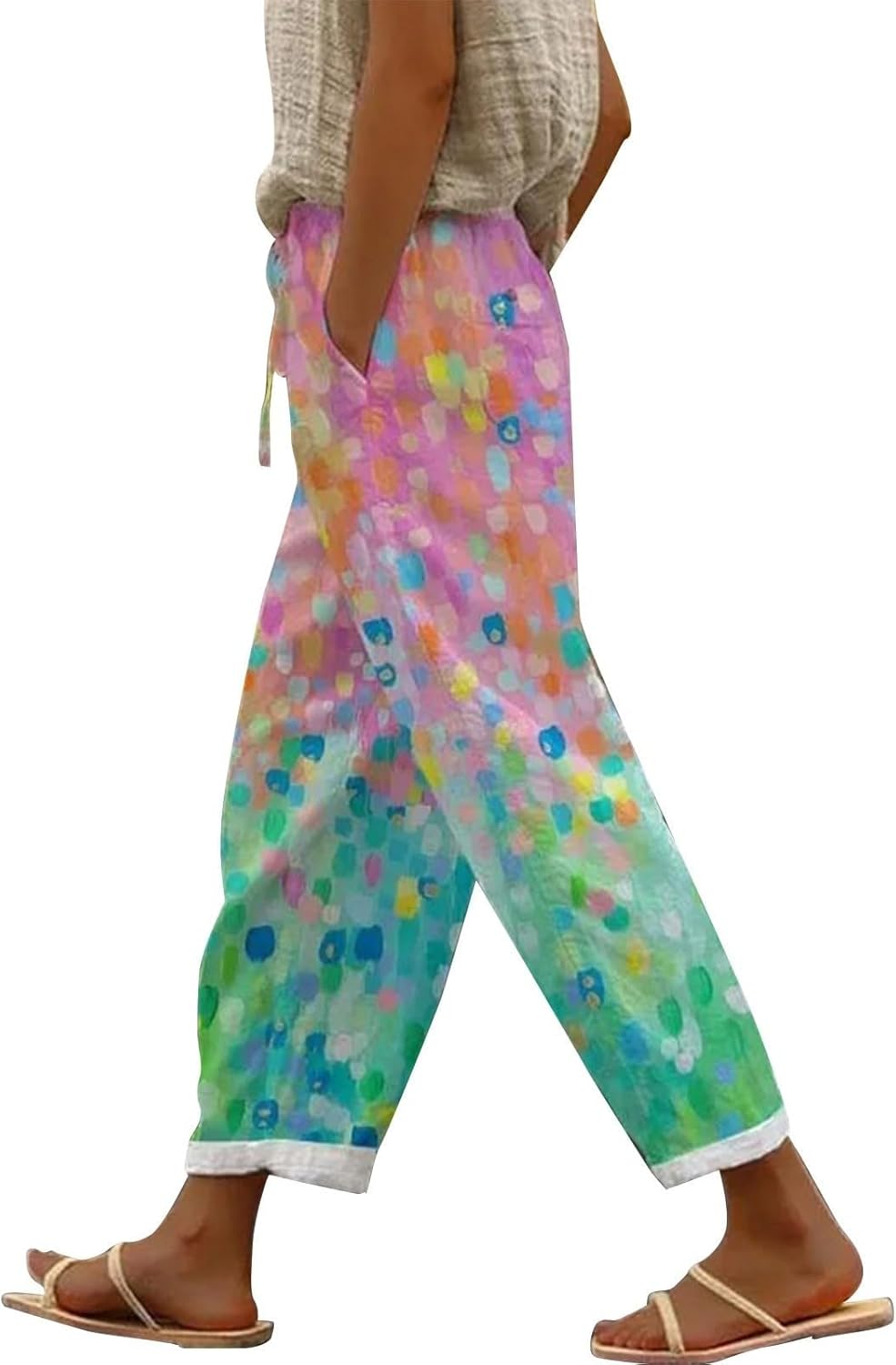 Damen Leinenhose Capri 7/8 - Sommerhose Mit Hohem Bund Und Taschen