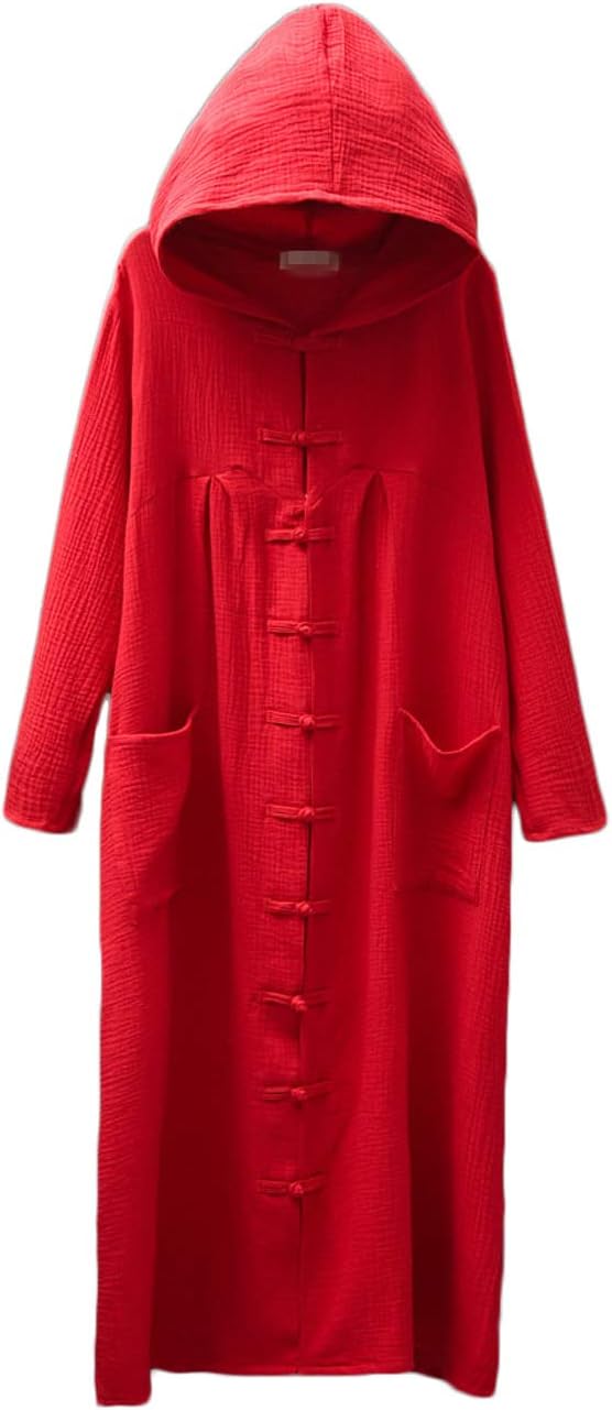 LUZU JUNU Women's Trench Coat Cotton Linen Hoodie Jacket Long Sleeve Chinese Frog Button Outwear with Pocket - Image 4