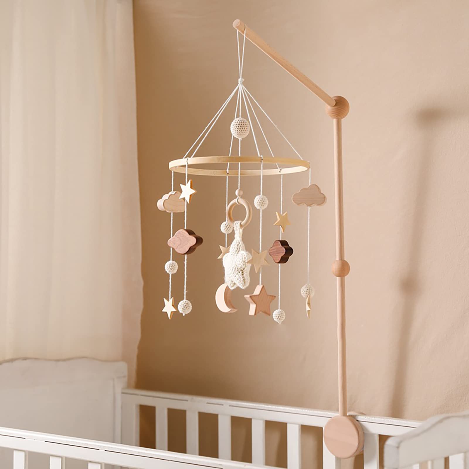 Babybett Mobile Baby Windspiel, Mobile Baby Holz mit Filzbällen und Wolken Ornament Kinderzimmer Hängende Bettglocke Geschenk für Baby Mädchen oder Jungen, Rassel Spielzeug, Beige A