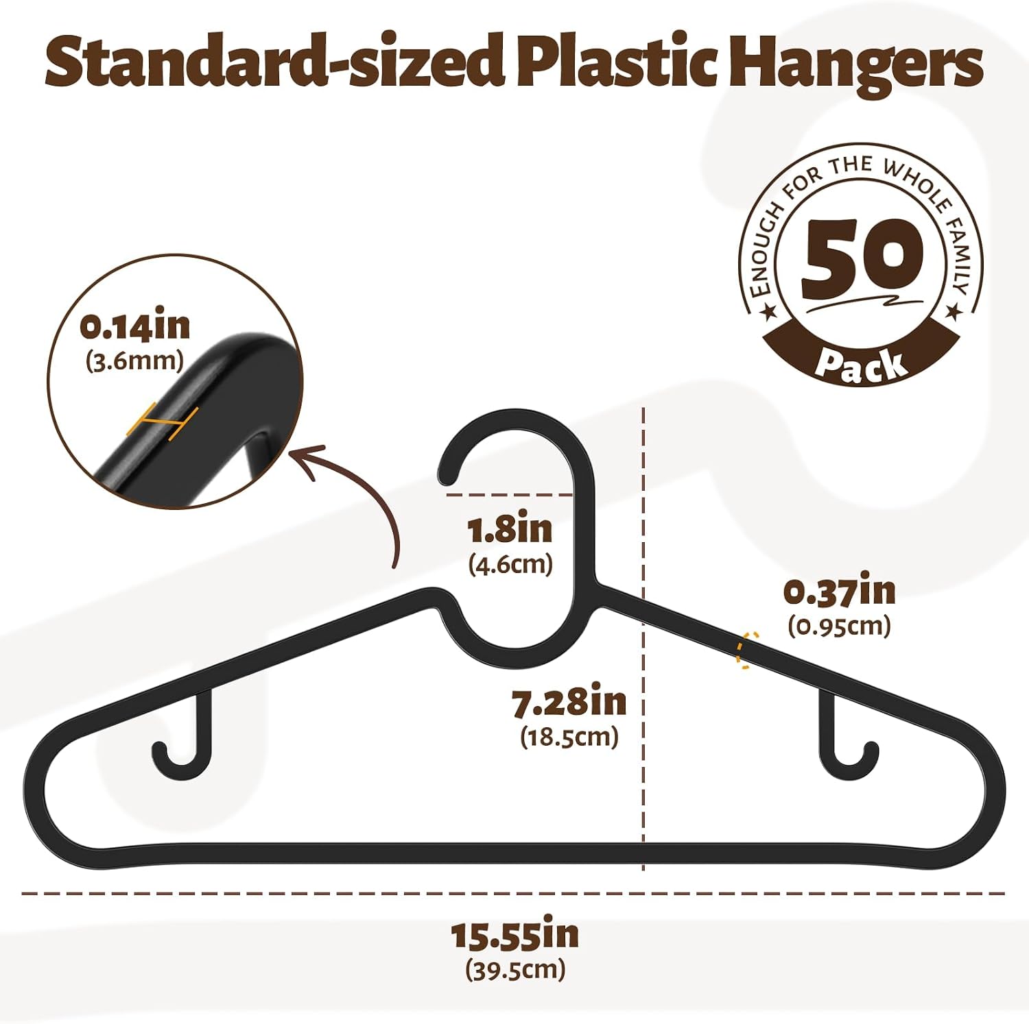 Black Plastic Clothes Hangers 50 Pack with Built-in Hooks