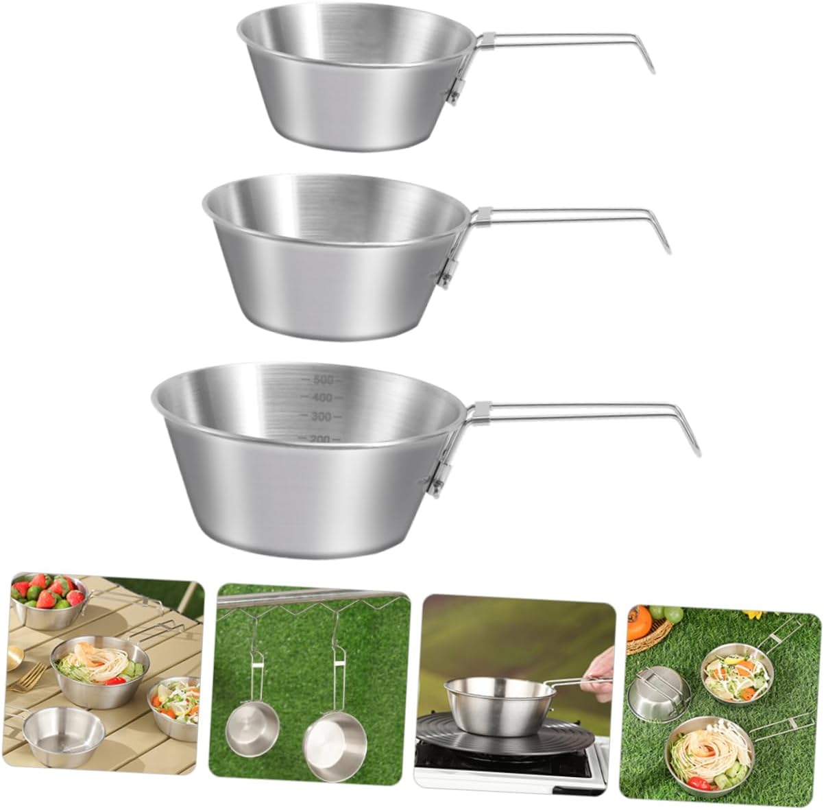 SUPVOX 3pcs Stainless Steel Camping Bowl Collapsible Picnic Barbecue Mess Kit Food Bowl Handle
