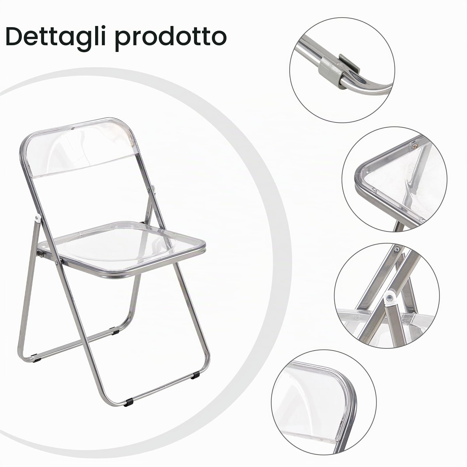 set di 4 pieghevole sedia in metallo trasparente PET sedia pieghevole poltrona 150 kg capacità di carico per sala da pranzo, soggiorno, giardino