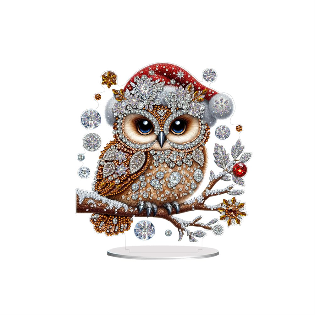 Meecaa DIY Diamond Desktop Ornament Kit Owl Animal Christmas Hat Special Shaped Crystal Diamond Painting Tabletop Ornaments Single Sided Diamond Home Decor (Owl)