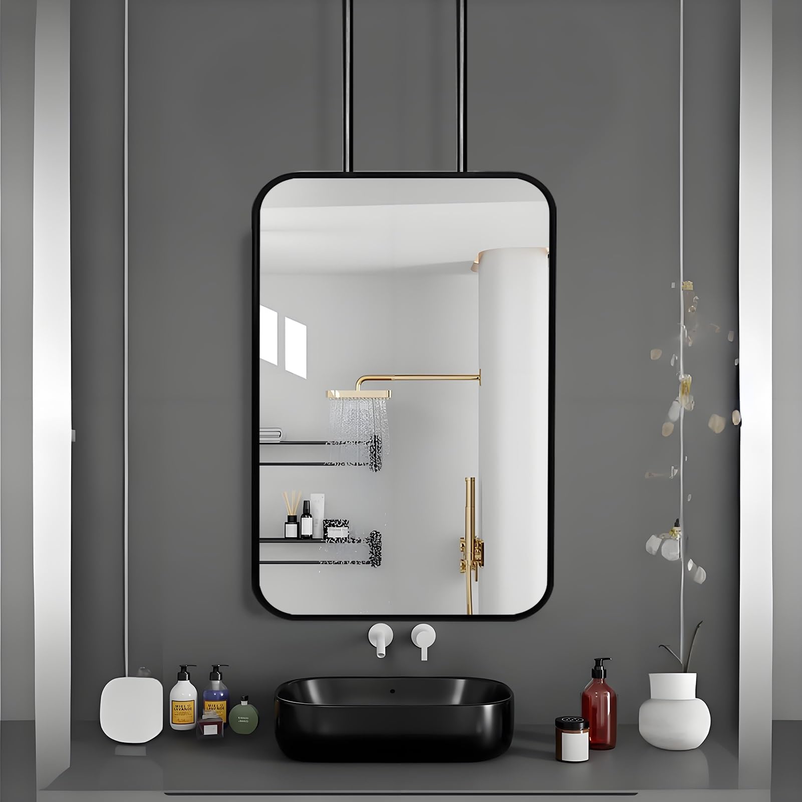 FGXHHS Modern Decorative Mirror, Vertical Ceiling Mount HD Mirrors, Bathroom, Cloakroom Hanging Mirror with Metal Frame, Clear and Practical -Black(40cmx70cm)