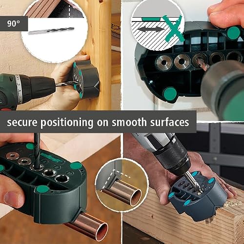 wolfcraft accumobil Drilling Aid - 90 Degree Drill Guide with Metal Drill Bushes, Rubber Buffers & V-Slot for Edges and Round Material up to 25 mm - 4685000