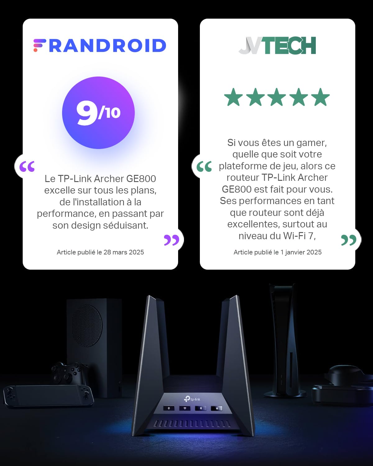 TP-Link Archer GE800 - Routeur Gaming - Wi-Fi 7 Tri-Band - 2×10Gbps, Connecteur Gaming dédié, Panneau de Jeu Spécial, Accélération Exclusive pour les Jeux, Design Orienté Jeu