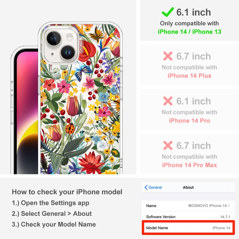 MOSNOVO Case for iPhone 13/14, [Buffertech 6.6ft Military-Grade Drop Protection] [Anti Peel Off Tech] Clear TPU Bumper Phone Case Cover Design - In The Garden - 2