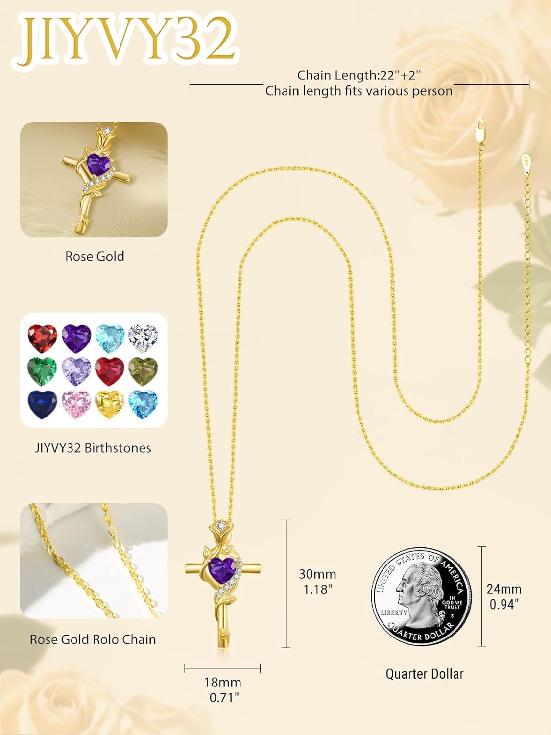 Rose Cross Necklaces for Women, 14K/18K/24K Gold/Rose Gold Cross Jewelry with Birthstone Pendant, Valentines Day Birthday Gifts for Women, 18+2 Inch Chain - Image 2