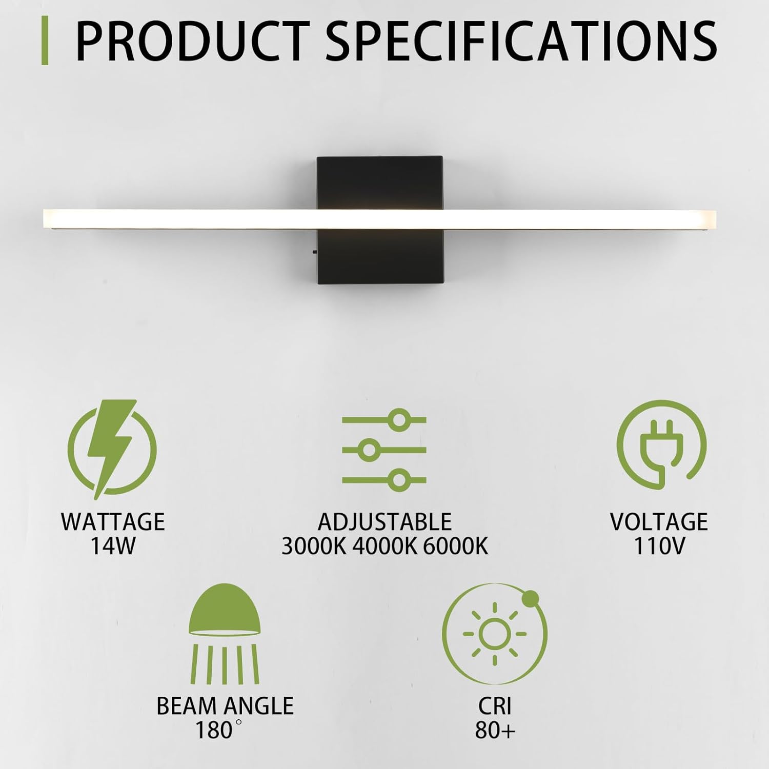 LED Bathroom Vanity Light, 14W Bathroom Mirror Light Fixtures, 3 Color Temperatures 24 Inch Black Wall Sconce for Makeup, Modern LED Bath Wall Lamp for Bathroom & Bedroom IP44