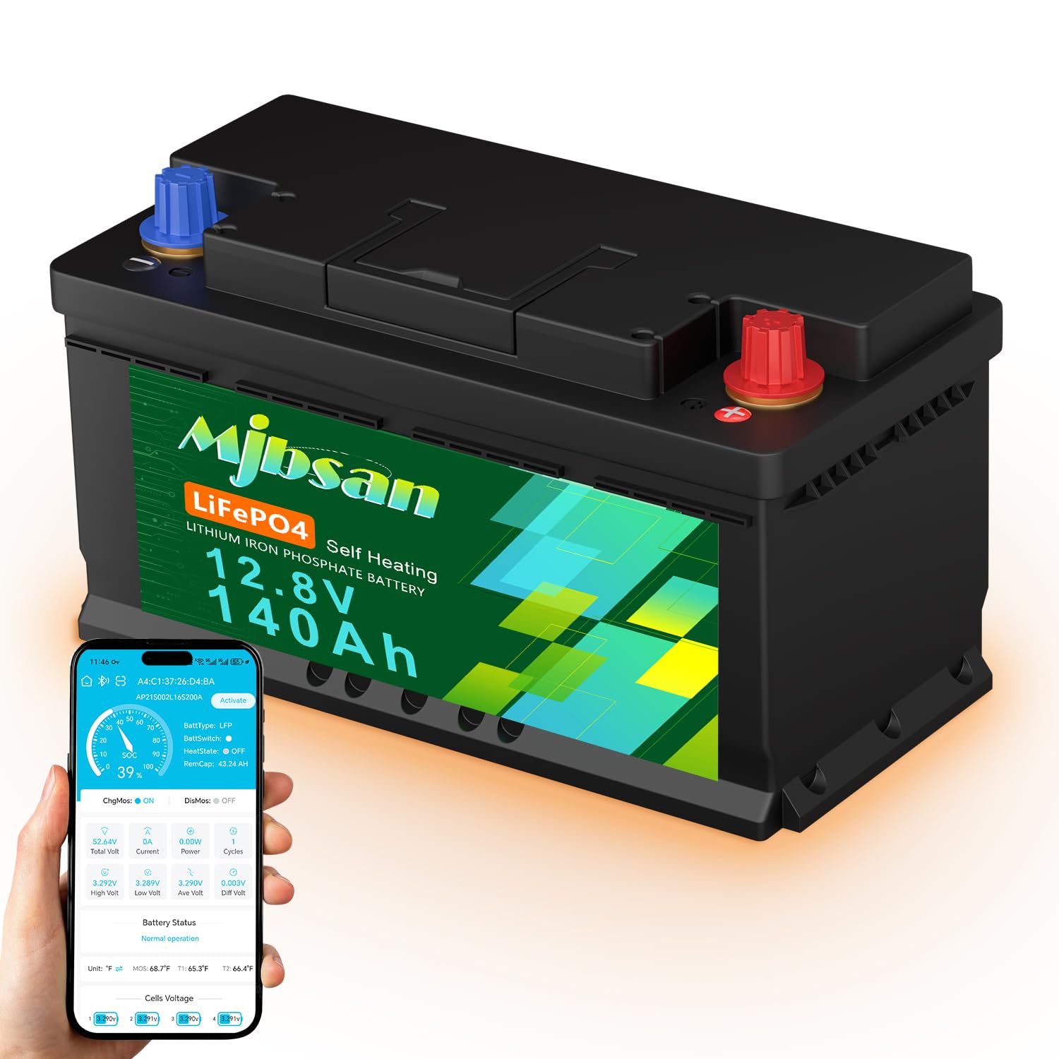 Mjbsan Akumulator litowy 12 V 140 Ah rozmiar H190 z Bluetooth i samonagrzewający, obsługuje ładowanie w niskiej temperaturze -20°C, wbudowany BMS 150 A, maks. 15000 cykli, energia 1792 Wh, do