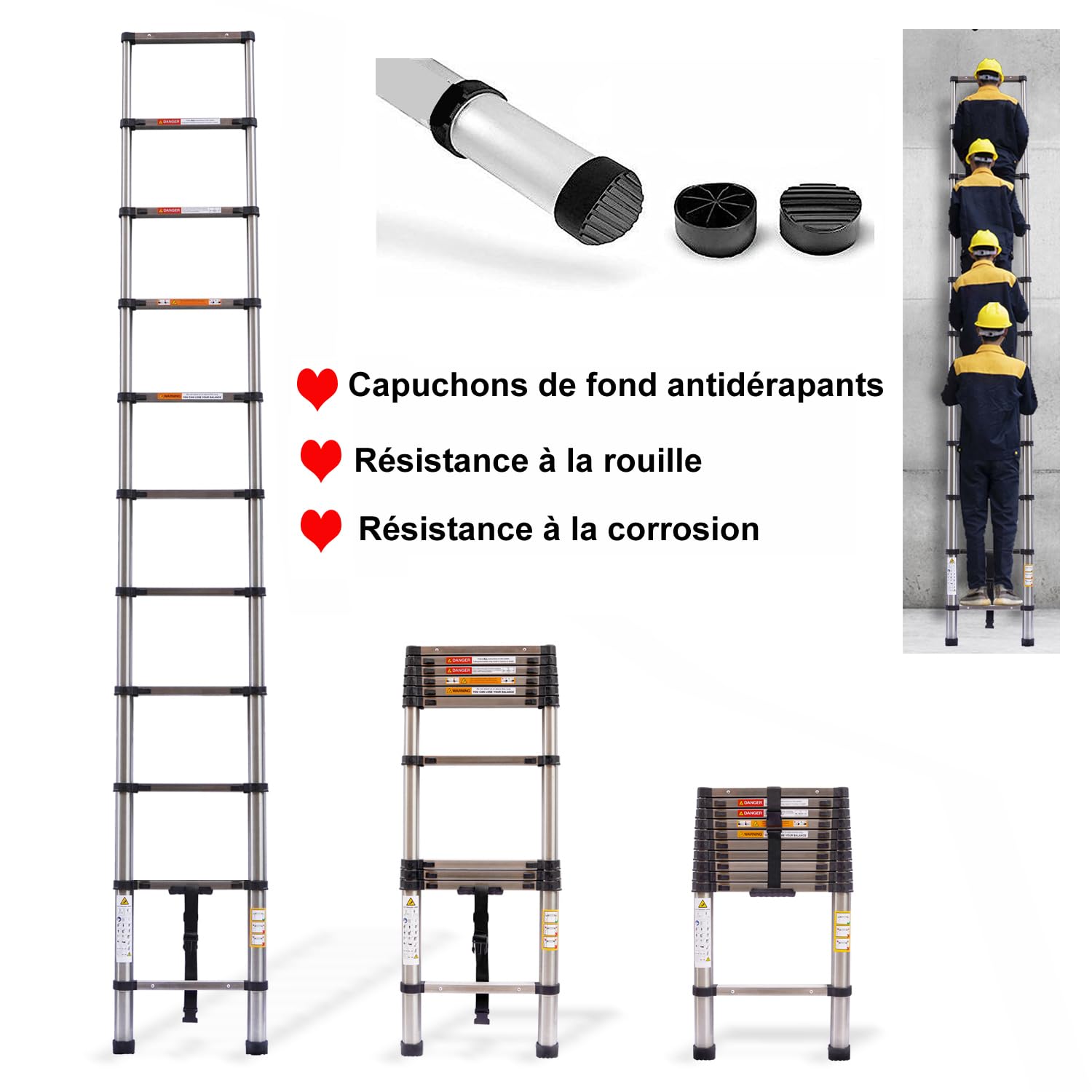 Scaletta telescopica da 3,2 m, pieghevole, scala telescopica pieghevole, in acciaio inox, con pedane a scomparsa, portata massima 150 kg