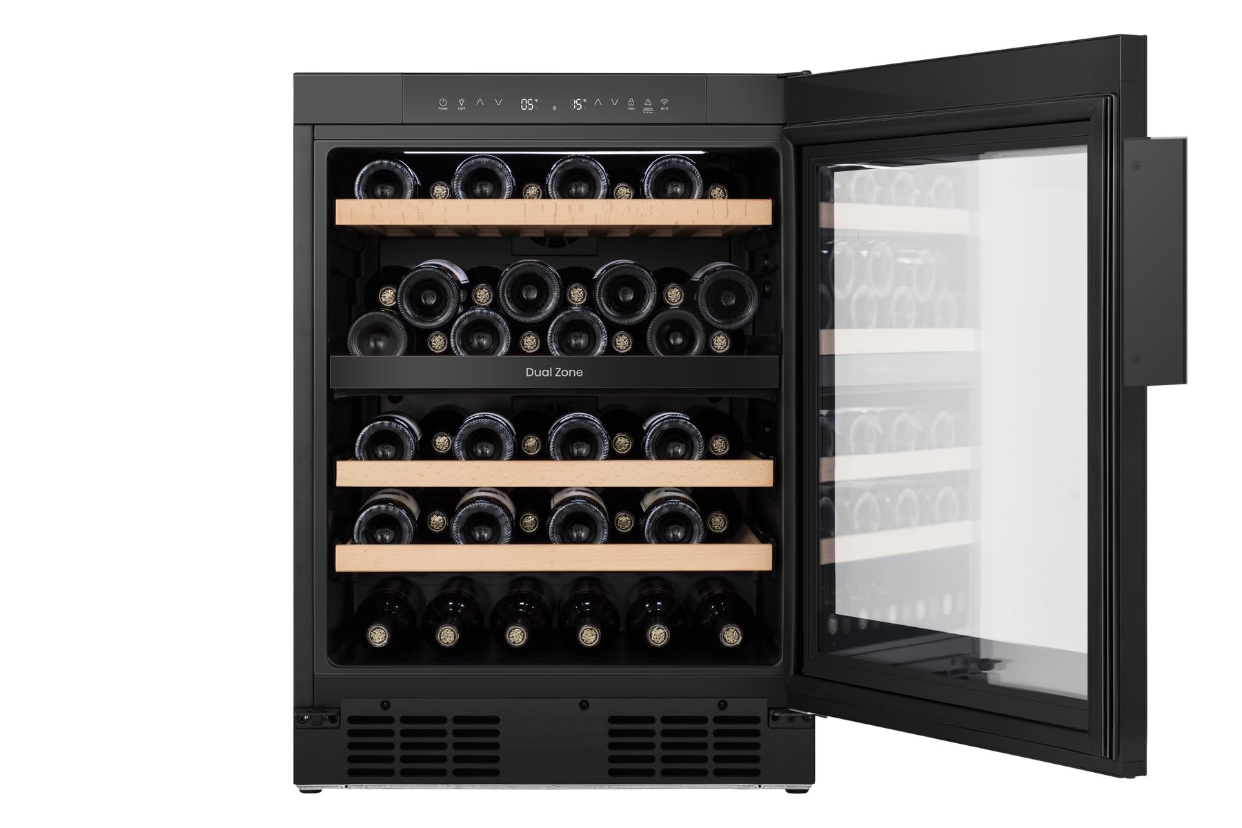 Hisense RW3N122GSLF Weintemperierschrank/Freistehend/EEK F/46 Flaschen Kapazität/WIFI/Anti UV-Glasfront/DualZone/Multi Air Flow/Buchholzablagen/Soft Close Einlegeböden/HxBxT: 81,9x59,5x57,5cm/Schwarz
