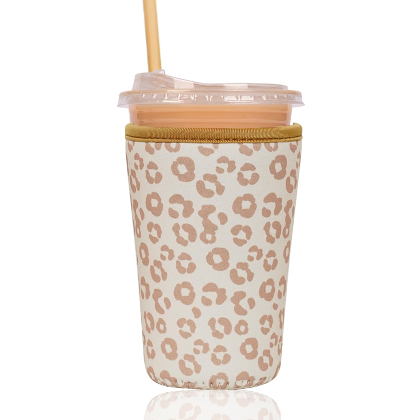 Reusable Insulated Sleeve for Iced Coffee Cup, Coffee Neoprene Sleeve for Cold &amp; Hot Drinks, Beverage Holder for Iced Coffee (Leopard Grace, Medium: 22-24oz)