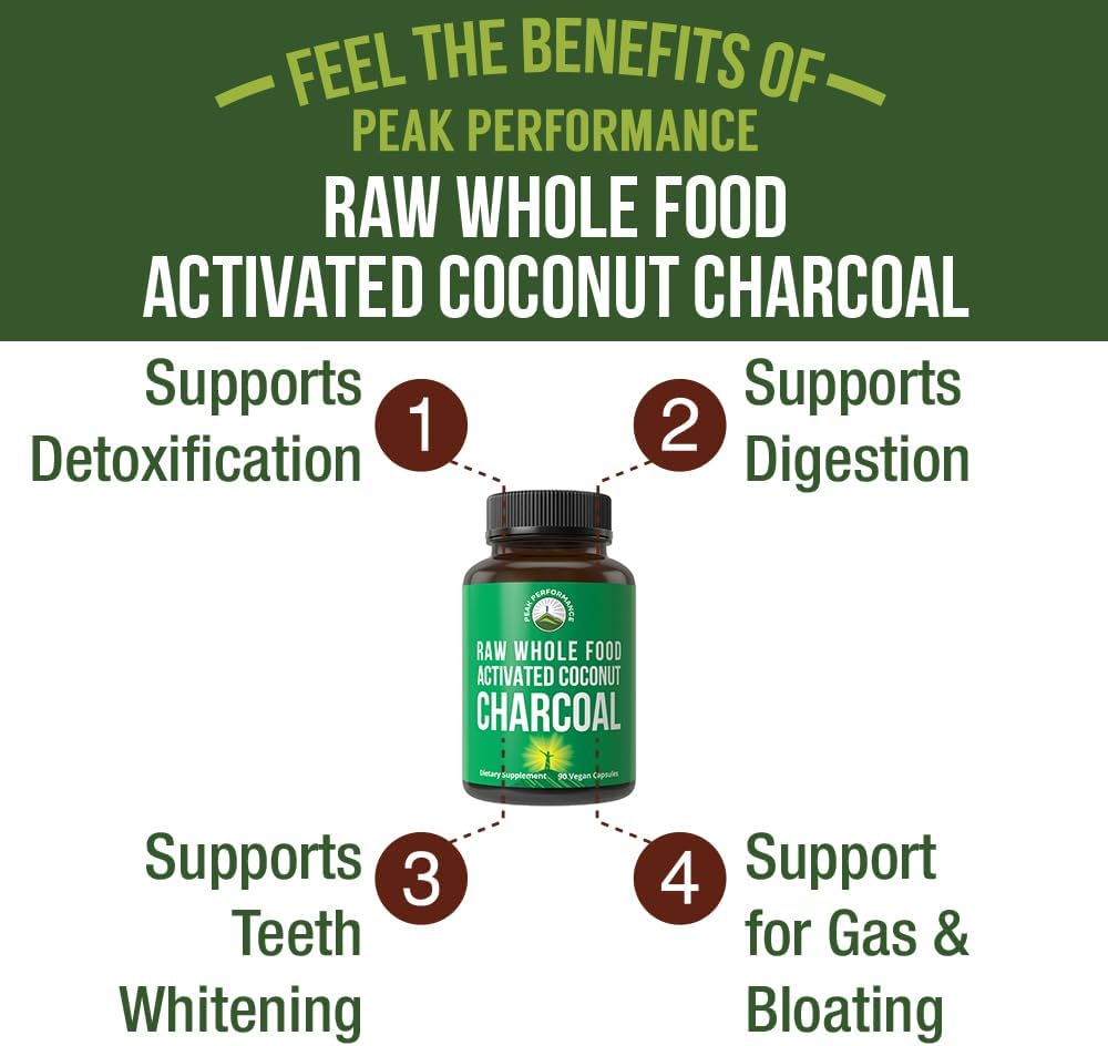 Peak Performance Activated Charcoal Vegan Capsules from Wild Harvested Coconut Shells. Best Safe Charcoal Pills Supplement for Detox, Gas Relief, Bloating. for Men and Women 90 All Natural Tablets