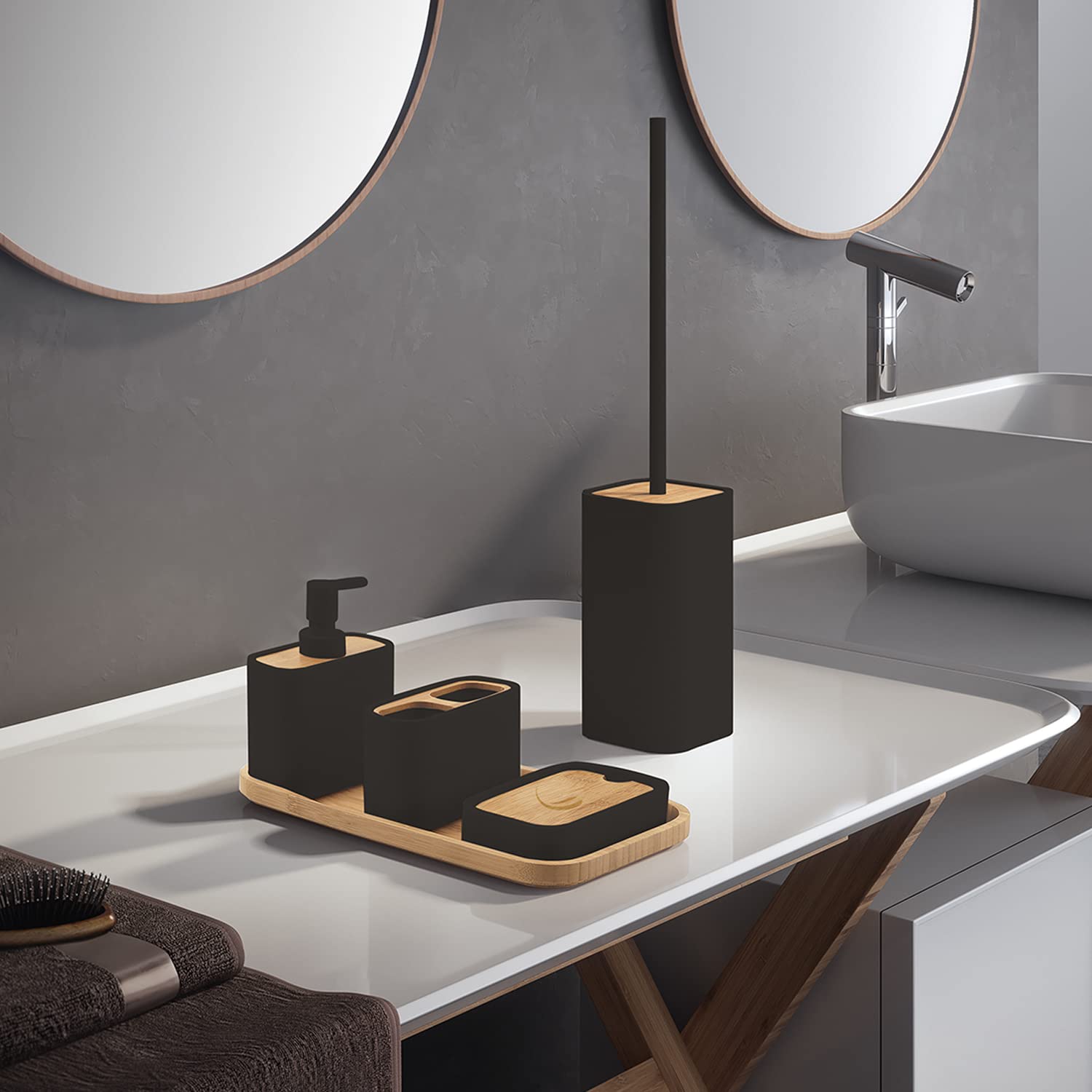 Set 4 Accessori Bagno In Plastica E Bambù - Portaspazzolini, Dispenser Sapone, Bicchiere - Foto 13