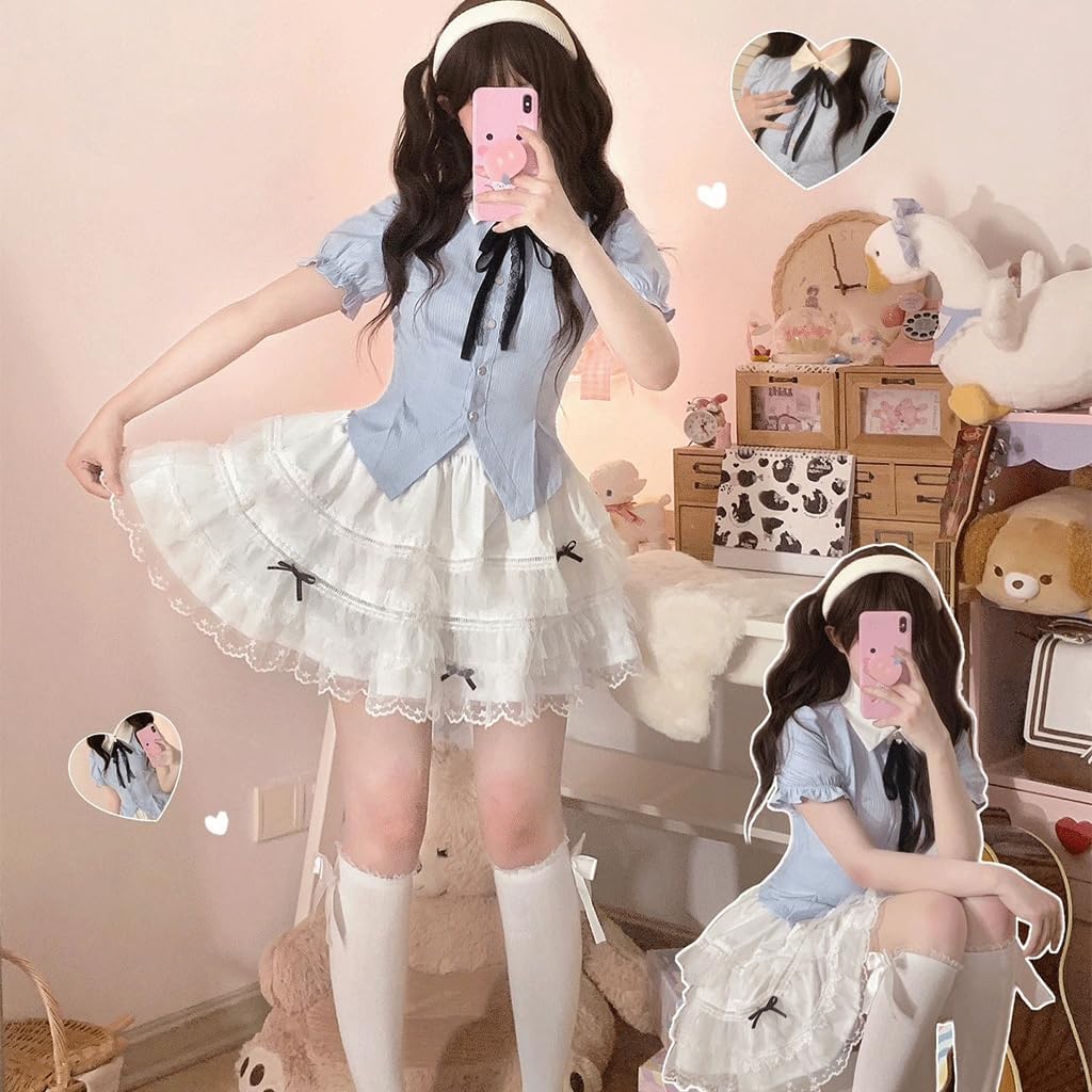 Harajuku Lolita Kawaii Casual Style Elastic Waist Cute Black Bows with Lace Hem Trim White Pleated Tiered Skirt size small