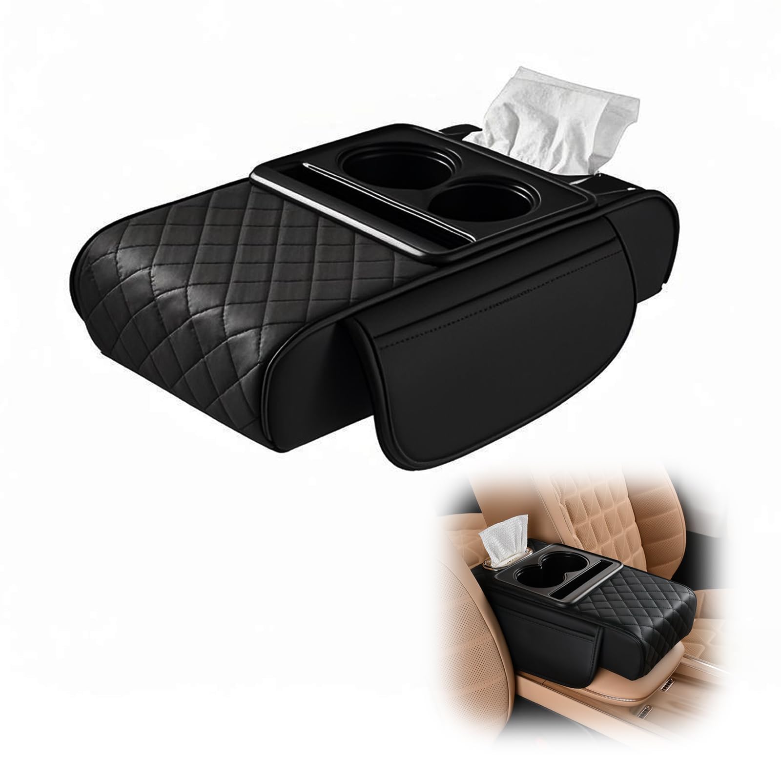 DGBF3 1 pack car centre console tissue box multifunctional 4-in-1 armrest cover for DS Automobiles DS7 Crossback I 2018-2022, tissue holder storage box black leather