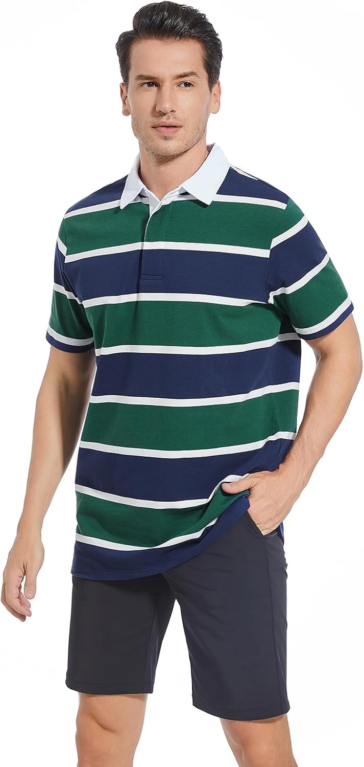 Mens Polo Shirts Striped Cotton Moisture Wicking Classic Collared Casual Golf Shirts for Men - Image 2